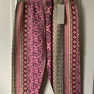 DOCELE Women's‎ Pink Boho Floral High Waist Capris Leg Pants One Size